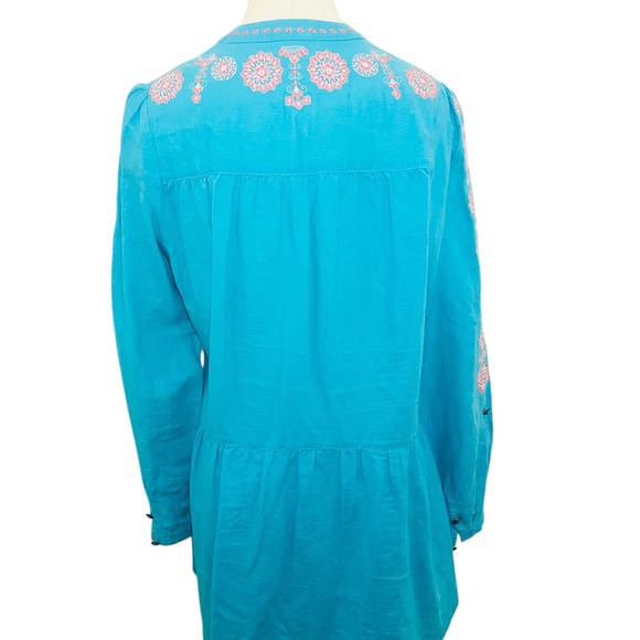 Tasha Polizzi Turquoise Long Sleeve Embroidered Linen Top Size Small - Picture 4 of 7